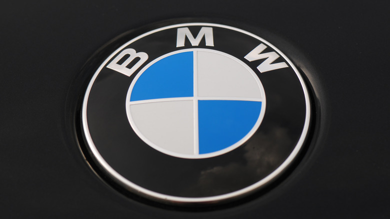 The blue and white BMW logo on the hood of a black BMW.