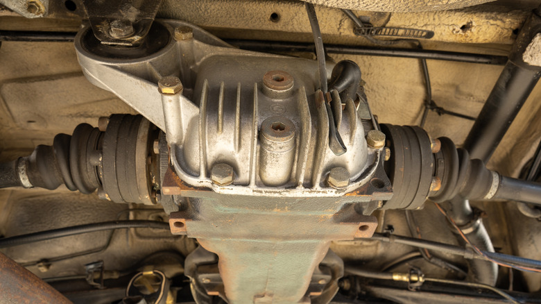 Under car view of a BMW E30 differential