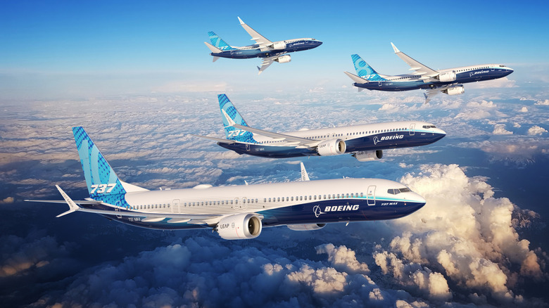 A promotional image demonstrating every Boeing 737 MAX variant in flight over clouds