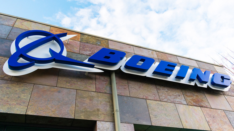 The Boeing sign hanging on the Boeing NeXt headquarters building in 2019