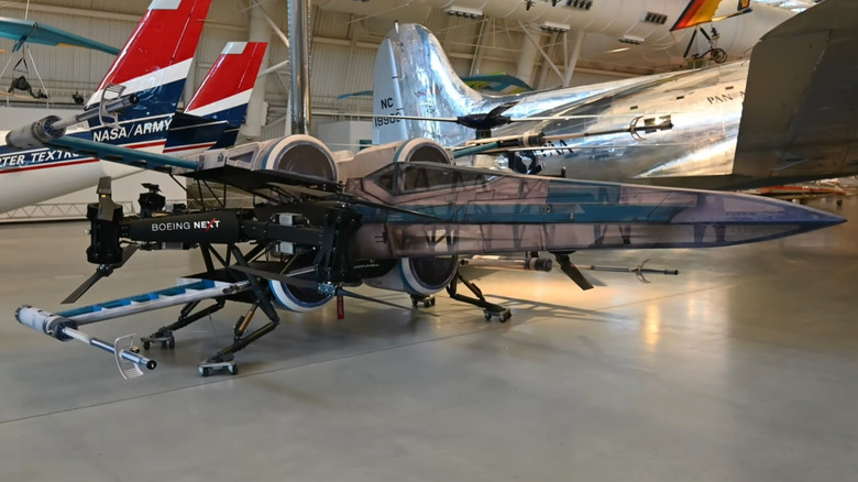 The Boeing NeXt CV2 electrical vertical takeoff and landing drone made up to look like a "Star Wars" X-Wing starfighter on display at the Smithsonian National Air and Space Museum's Steven F. Udvar-Hazy Center