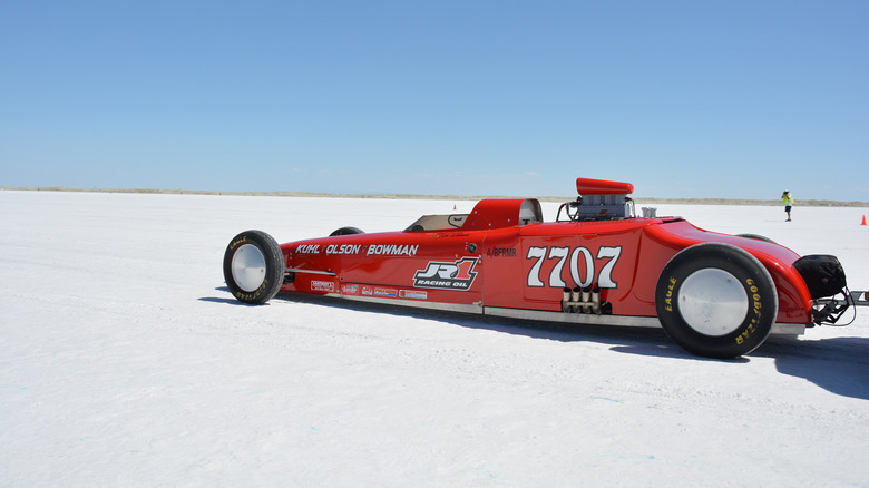 The number-7707 car at a Land Speed Racing event at the 68th Annual Bonneville Speed Week in 2016.