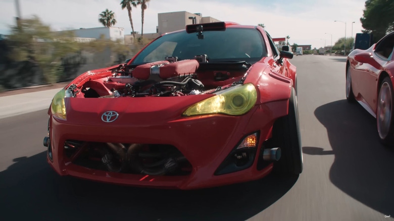The red Toyota GT86 with Ferrari 458 Italia 4.5-liter V8 driven by Ryan Tuerck