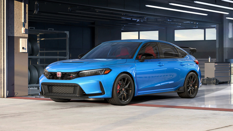 Front 3/4 view of a blue Honda Civic Type R