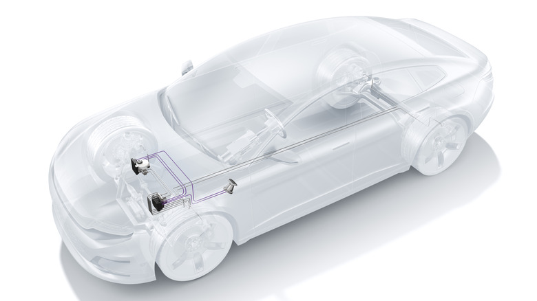 See-through diagram of Bosch's brake-by-wire system in a car