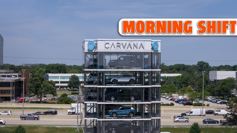An aerial view shows a Carvana vending tower on July 30, 2026 in Oak Brook, Illinois