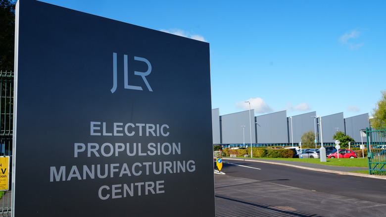 A general view of the JLR signage outside the Jaguar Land Rover electric propulsion manufacturing centre on September 30, 2025 in Wolverhampton, United Kingdom.