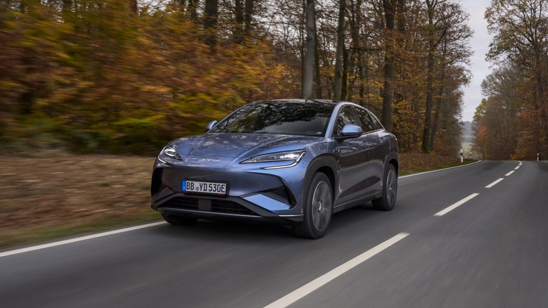 Blue BYD Sealion 7 seen in left front three-quarter view driving on a forested road