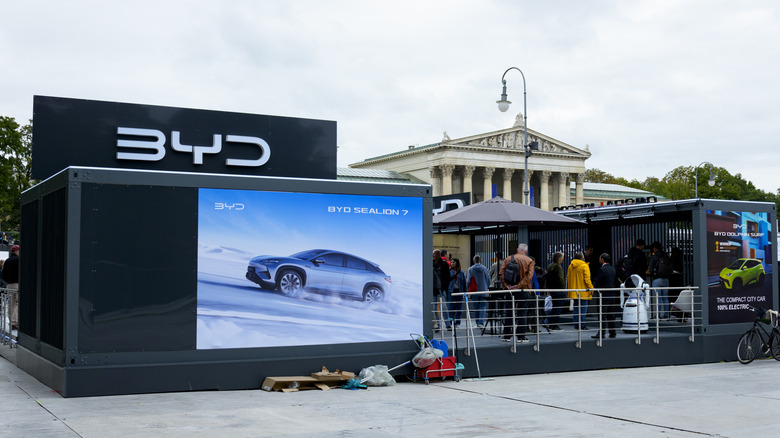 The Chinese electric car manufacturer BYD presents its models at the Open Space Area during the IAA Mobility in Munich, Bavaria, Germany, on September 12, 2025.