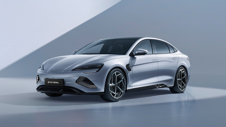 BYD Seal sedan in left front three-quarter view in studio