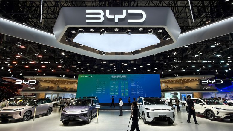 SHENZHEN, CHINA - JUNE 3: Vehicles are displayed at the BYD booth during the 30th Guangdong-Hong Kong-Macao Greater Bay Area Auto Show on June 3, 2026, in Shenzhen, Guangdong Province, China. The annual auto show brings together leading domestic and international automakers to showcase new vehicle models, electric mobility technologies and automotive innovations. (Photo by Cheng Xin/Getty Images)