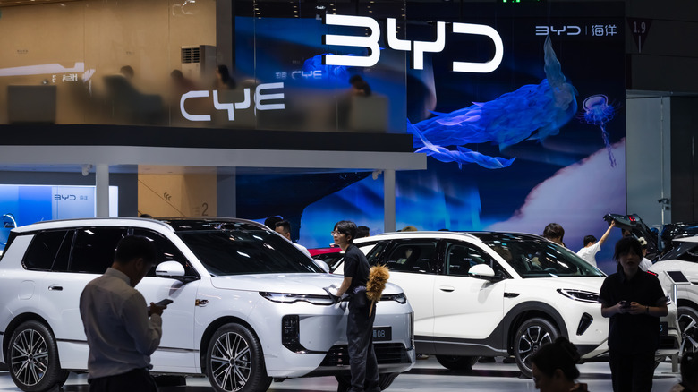 SHENZHEN, CHINA - JUNE 3: BYD vehicles are displayed at the company's booth during the 30th Guangdong-Hong Kong-Macao Greater Bay Area Auto Show on June 3, 2026, in Shenzhen, Guangdong Province, China. BYD showcased a range of new energy vehicle models at the annual auto show, which brings together leading domestic and international automakers and automotive technology companies. (Photo by Cheng Xin/Getty Images)