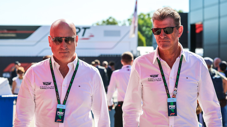 Cadillac F1 team CEO Dan Towriss walks in the paddock with Cadillac F1 Team Principal Graeme Lowdon during final practice ahead of the F1 Grand Prix of Italy at Autodromo Nazionale Monza on September 6, 2025 in Monza, Italy.