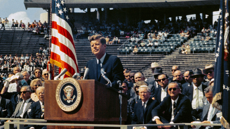 President Kennedy makes his 'We choose to go to the Moon' speech, Rice University, 1962.