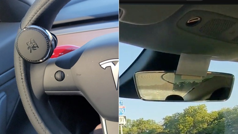 Left - A steering wheel weight applied to the steering wheel of a Tesla. Right - A driver taped a photo of themselves driving to fool the driver facing camera system.