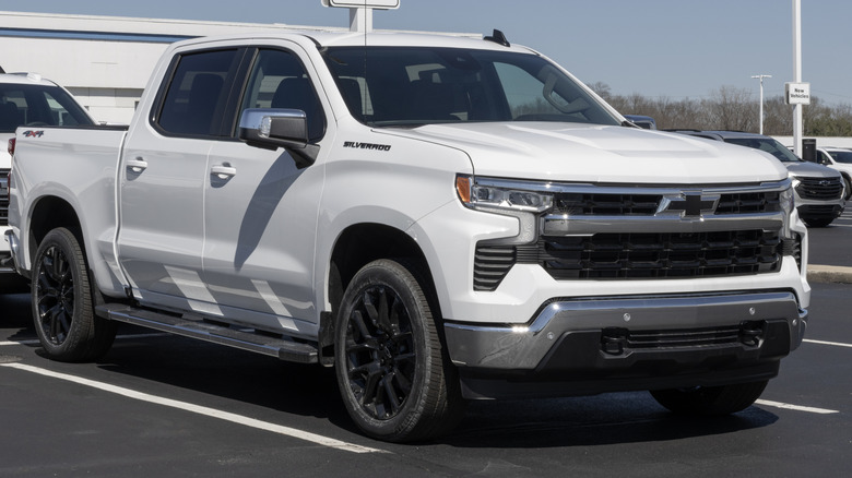 A white 2026 Chevy Silverado 1500 in a dealership lot