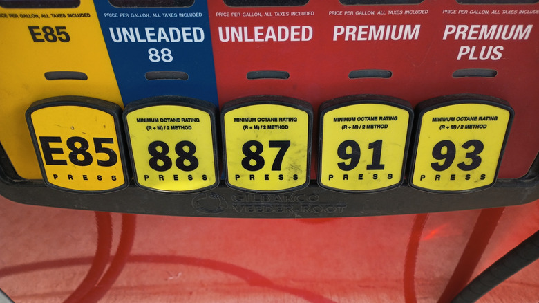 E85 and various octane ratings shown in a gas station.