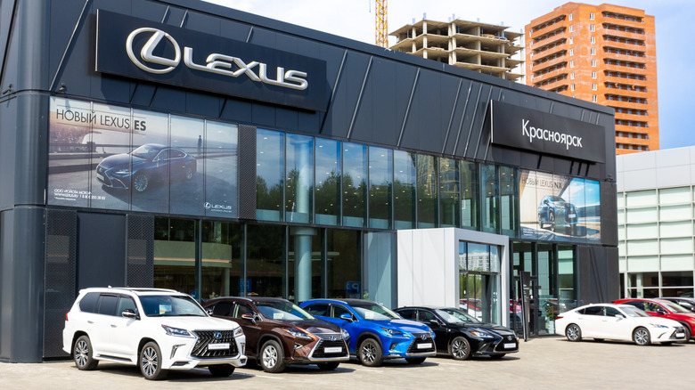 New Lexus cars and SUVs parked outside a Russian Lexus dealership