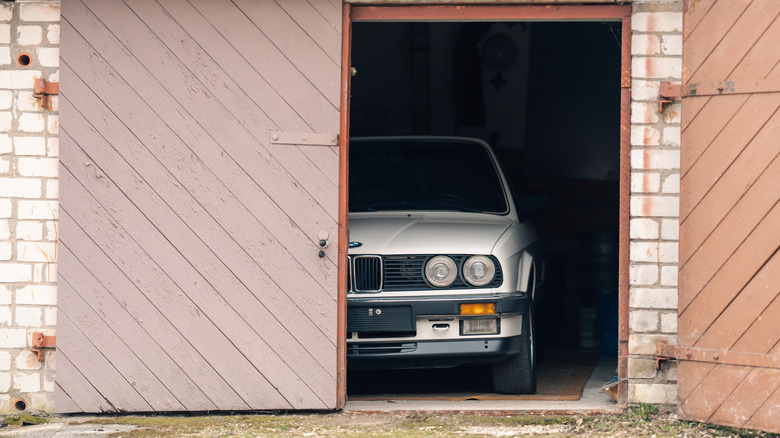 A car parked inside a garage
