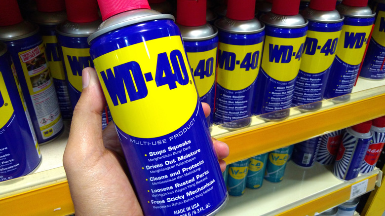 A person's hand holding a can of WD-40 in a store