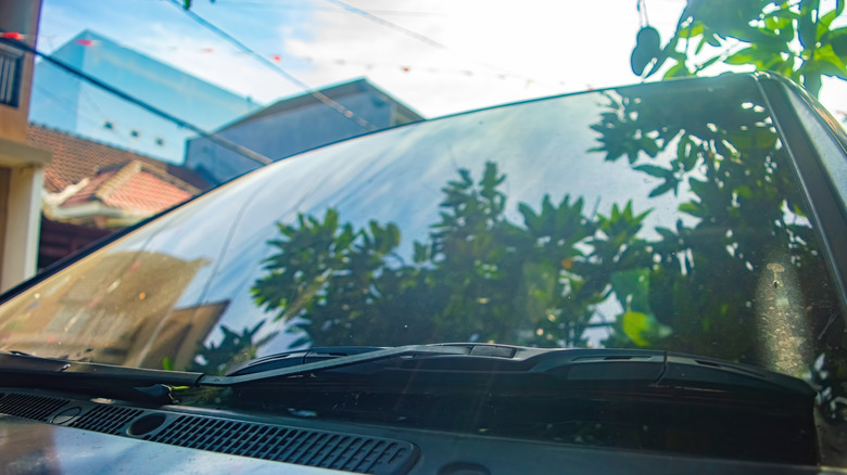 A tinted windshield reflecting its surroundings