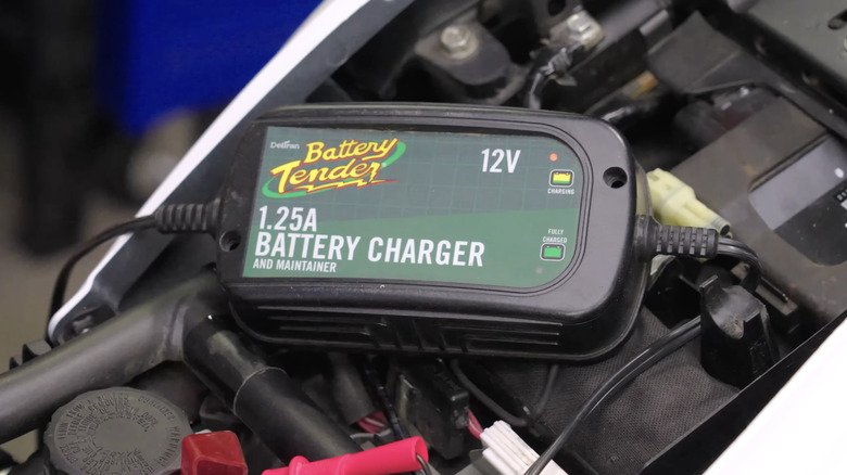 A motorcycle battery on a Battery Tender