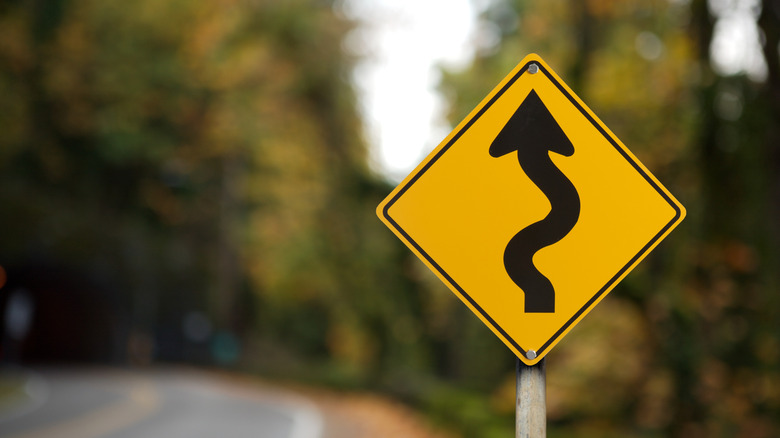 A road sign indicating a curvy road ahead.