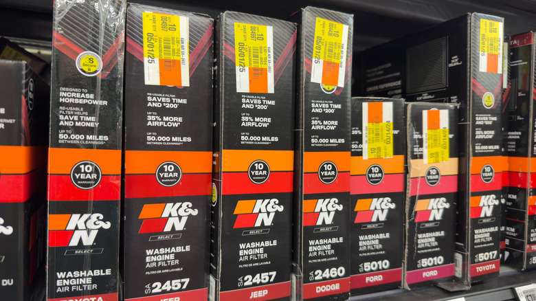 A stack of K&N washable air filters on store shelves
