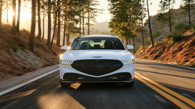 Front view of a white Genesis luxury sedan driving head-on through a pine-lined mountain road.