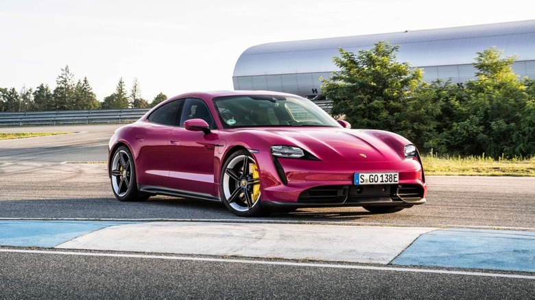 A 2021 Porsche Taycan Turbo S, in a Paint to Sample shade of violet called Rubystar.
