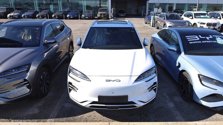 Udine, Italy. June 16, 2022. BYD Song plus models lined up outside the official dealership of the chinese electric vehicles automaker BYD