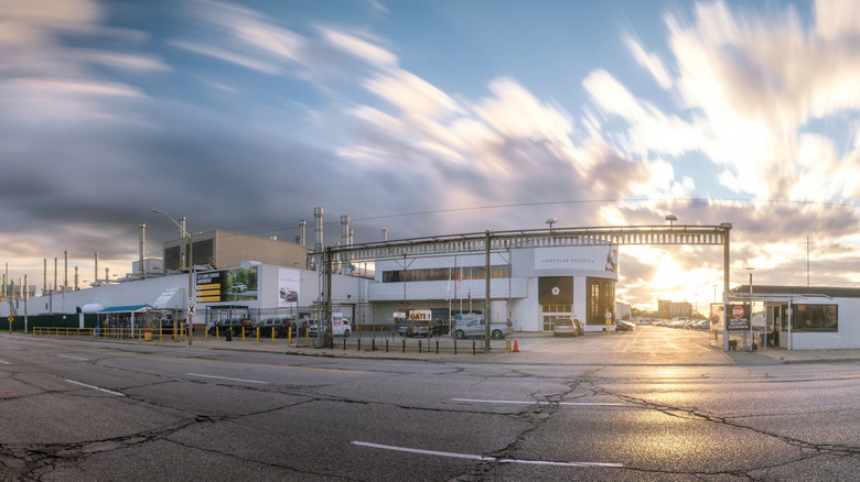 Windsor, Ontario, Canada - October 23, 2021: The Stellantis/Chrysler automobile assembly plant in Windsor, Ontario is the city's major employer. Societal shifts from gas powered vehicles to electric will alter the future of this plant. It may be retooled to accommodate electric vehicles in the future. Otherwise, its future may be in doubt. Other potential uses for this facility may be in the electric battery field. In the meantime, it continues as the assembly plant for the Dodge Caravan and the Chrysler Pacifica mini vans, one of the company's most popular vehicles.