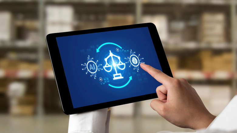 फ़ोन स्क्रीन पर एक व्यक्ति की उंगली स्केल और एआई ग्राफिक्स के साथ एक इंटरफ़ेस दिखा रही है