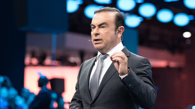 Former Renault Nissan CEO Carlos Ghosn speaking at the Paris Auto Show in 2016