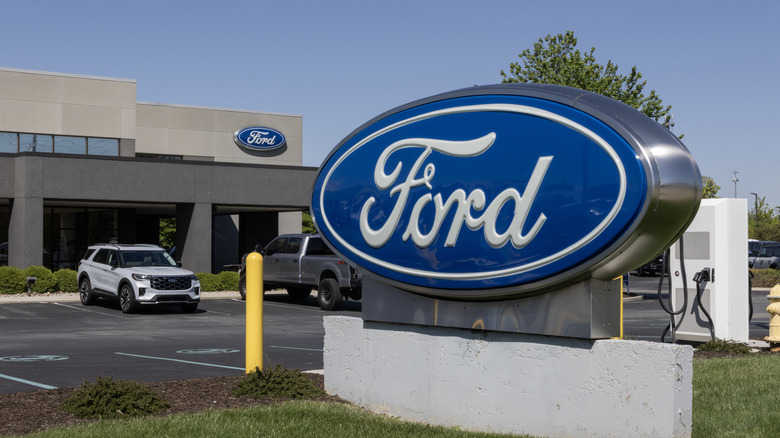 Zionsville - May 7, 2026: Ford Car, SUV and Pickup Truck dealership. Ford sells the F-150, Explorer, Mustang, Transit, Bronco, Escape and Maverick.