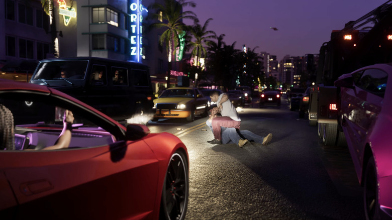 A nighttime street fight in GTA6 with a bunch of cars around.