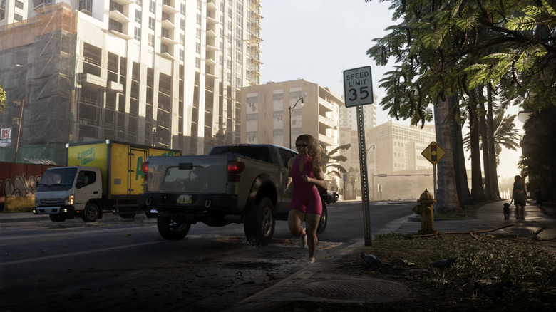 A jogger running past a Ford F-150-style pickup in GTA6.