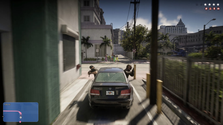 A E-Class-like sedan in a car chase in GTA6.