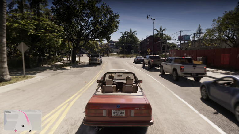 A BMW E30 Convertible lookalike in GTA6 driving in traffic.