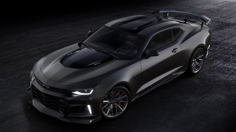 A black Chevrolet Camaro ZL1 is seen from above.