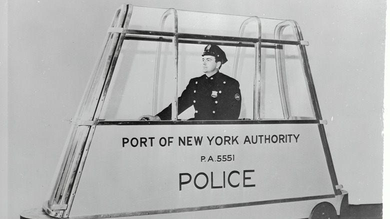 A New York Port Authority at the helm of a pyramid-shaped car designed to patrol the Holland Tunnel.