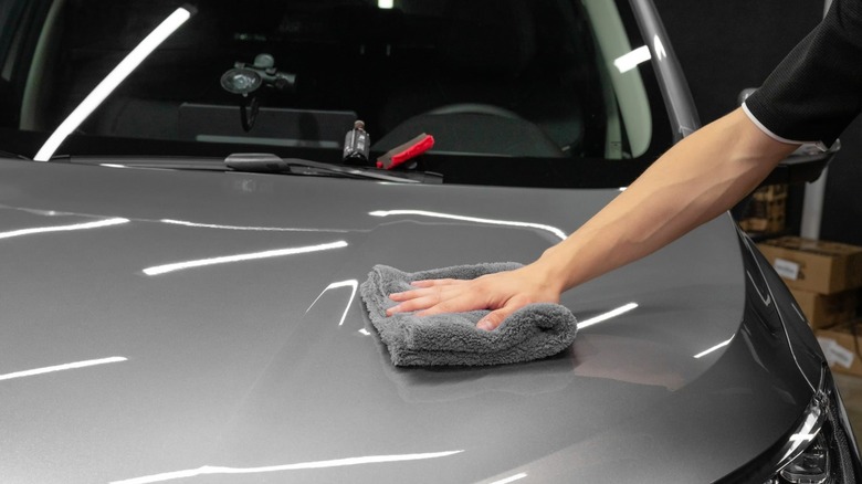 Person waxing the hood of a car