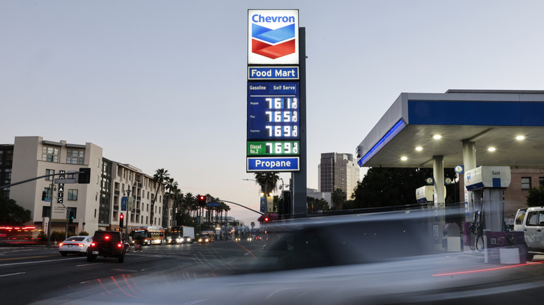 High gas prices are displayed at a downtown Chevron station on March 3, 2026 in Los Angeles, California.