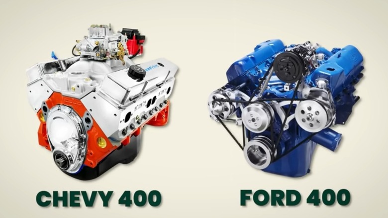 images of 400 cubic-inch small blocks from Chevy and Ford side-by-side.