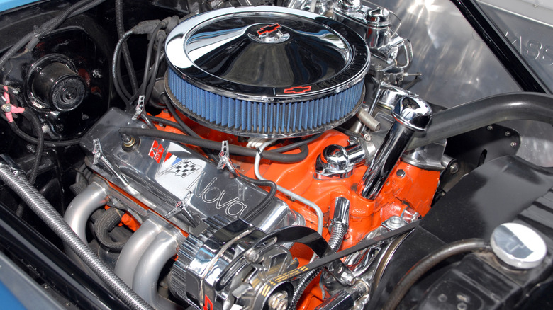 A customized small block V8 engine in a 1967 Chevrolet Nova.