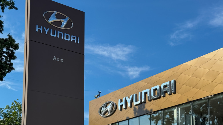 Saint Petersburg, Russia, 20 July 2025: Facade of Hyundai car store. The frontage of the Hyundai Car Showroom. The Hyundai Motor Company is a South Korean automotive manufacturer. Korean cars.