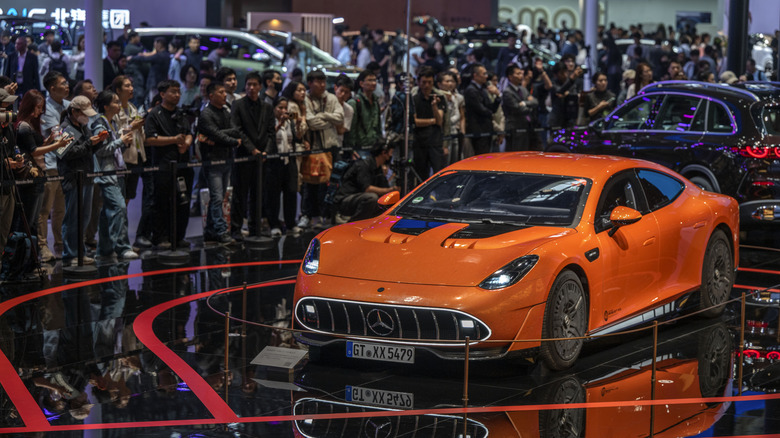 BEIJING, CHINA - APRIL 25: A Mercedes AMG fuel powered car made by German automaker Mercedes is seen on display on the second media day at the Beijing International Auto Exhibition on April 25, 2026 in Beijing, China.The biennial showcase, held at the China International Exhibition Center, brings together leading global and domestic automakers to unveil their latest models, concept vehicles, and electric mobility innovations for the world's largest automotive market. (Photo by Kevin Frayer/Getty Images)