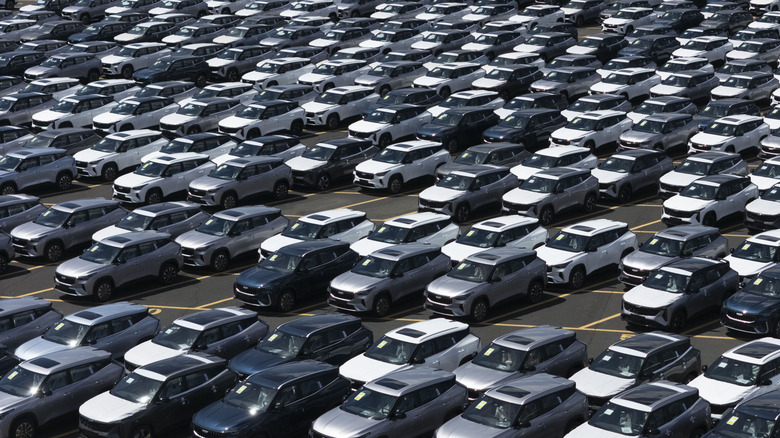 Aerial view of domestic vehicles waiting to be loaded onto a freight truck on May 08, 2026 in Harbin, China.