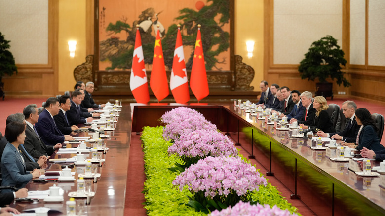 Chinese President Xi Jinping (3rd-L) and Canada's Prime Minister Mark Carney (2nd-R) meet at the Great Hall of the People on January 16, 2026 in Beijing, China.