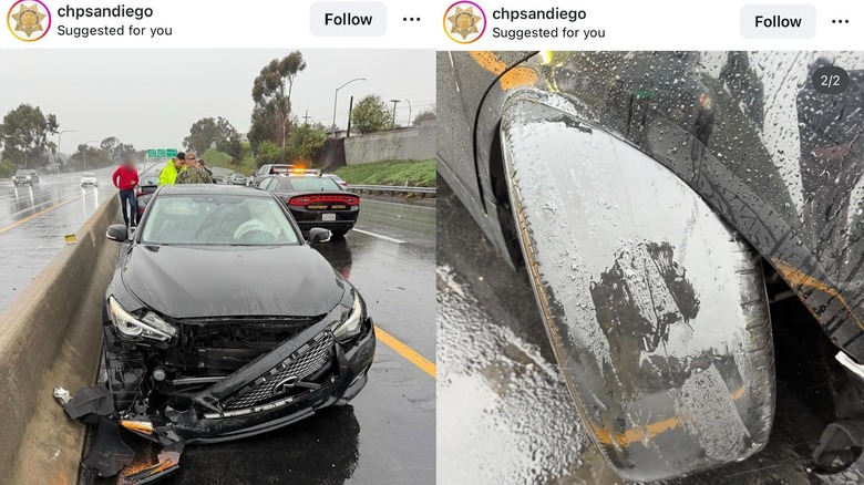 Screenshots of the CHP San Diego IG post showing a black Infiniti sedan with a smashed front end facing the wrong way on a wet highway oad with a cop car next to it and men standing in front of it